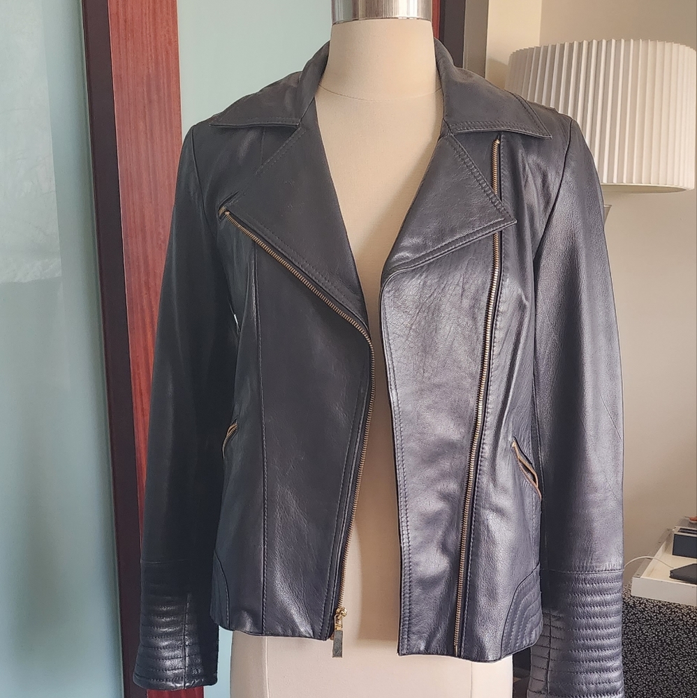 Navy Blue Napa Leather Vince Camuto Motorcycle Jacket
